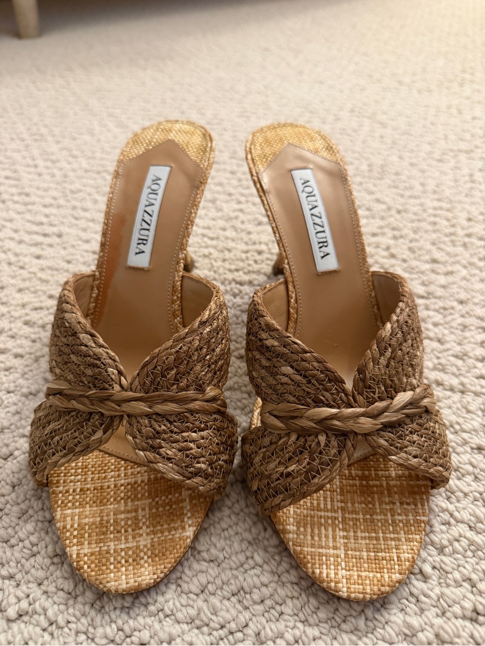 Aquazzura Women’s Heels-Sz 39-Made in Italy-Raffia Tan Brown-Excellent Condition